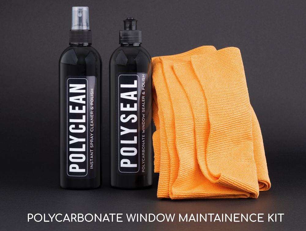 Two black bottles, labelled PolySeal and PolyClean.